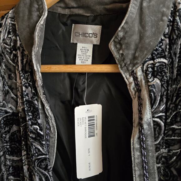 Chico's Velvet Baroque Nikko Jacket NWT Silver Glitter Paisley 1 Blazer Coat - Picture 3 of 5